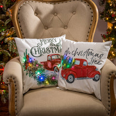 Set of 2 Lighted Fabric and Truck Holiday Throw Pillows with Timer
