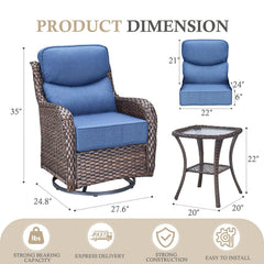 Meyreso 3-Piece Wicker Patio Swivel Glider Chairs with 6-Inch Thick Cushions and Side Table