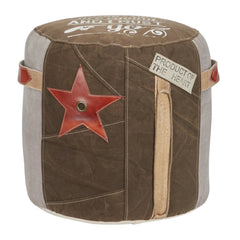 Canvas Pouf with Leather Accents - Brown or Multi Colored - Roche River Decor