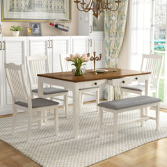 Mid-Century Modern 6-Piece Dining Table Set with Storage Drawer and Upholstered Chairs for Kitchen or Dining Room Use