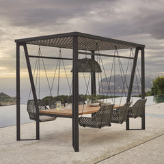 Skyline Design Horizon Pergola with Lamp, Hanging Chairs & Teak Table