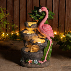 Glitzhome 23.5"H 4-Tiered Flamingo Polyresin Stone Outdoor Fountain with Lights