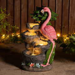 Glitzhome 23.5"H 4-Tiered Flamingo Polyresin Stone Outdoor Fountain with Lights