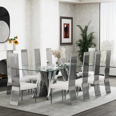 Luxury Tempered Glass Dining Table with Mirrored Stainless Steel Base
