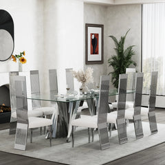 Luxury Tempered Glass Dining Table with Mirrored Stainless Steel Base