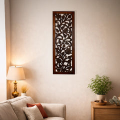 Mango Wood Wall Panel Hand Crafted with Leaves and Scroll Work Motif, Brown