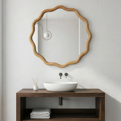 24 inch Wavy Round Solid Wood Frame Decorative Mirror