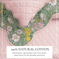 Linery & Co. Cotton Stitched Reversible Floral 3 Piece Scalloped Quilt and Sham Set