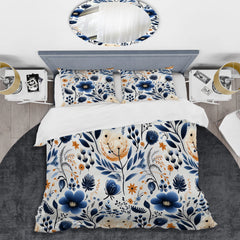 Designart "Nordic Blue Bloom Scandinavian Floral I" White Cottage Bedding Cover Set With 2 Shams