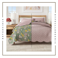 Linery & Co. Cotton Stitched Reversible Floral 3 Piece Scalloped Quilt and Sham Set