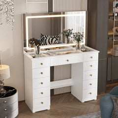 LED Lighted Makeup Vanity w/10 Drawer Modern Dressing Table for Bedroom Glass Top Vanity Table