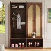 Farmhouse 4-in-1 Hall Tree with Rattan Doors and Storage Bench - 55.1" W × 15.7" D × 78.7" H