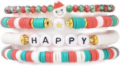 Christmas Bracelets Stackable Xmas Clay Beaded Stretch Friendship Bracelets Festive Bracelets Santa Claus Christmas Jewelry for Women Costume Party Favors
