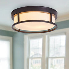Farmhouse 2-Light Drum Shape Flush Mount Metal Frame Lighting Fixture