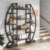 Industrial Bookshelf, Oval Triple Wide 5 Tiers Etagere Bookcase - 11.81"D x 55.11"W x 69.68"H