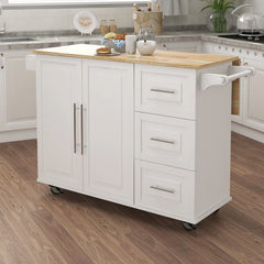 Modern Multifunctional Kitchen Island with 1 Cabinet Spice Rack, Towel Rack and Extensible Table Top, for Kitchen, White