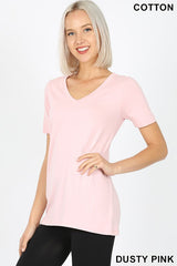 1009 Dusty Pink Cotton V-neck Basic T-Shirt