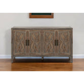 HomeRoots 60" Natural and Brown Distressed Carved Geometric Sideboard with Four Doors - 59.8' X '33.9' X '15.7