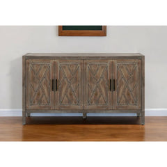 HomeRoots 60" Natural and Brown Distressed Carved Geometric Sideboard with Four Doors - 59.8' X '33.9' X '15.7