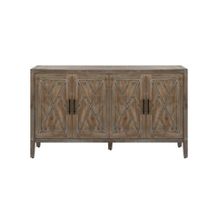 HomeRoots 60" Natural and Brown Distressed Carved Geometric Sideboard with Four Doors - 59.8' X '33.9' X '15.7