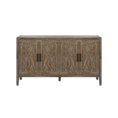 HomeRoots 60" Natural and Brown Distressed Carved Geometric Sideboard with Four Doors - 59.8' X '33.9' X '15.7