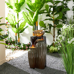 Glitzhome 26.75"H 3-Tiered Fluted Texture Ceramic Outdoor Floor Fountain with LED Lights