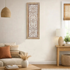 Rectangular Mango Wood Wall Panel Hand Crafted With Intricate Carving, White and Brown