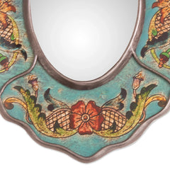 Novica Handmade Turquoise Colonial Wreath Reverse-Painted Glass Wall Mirror