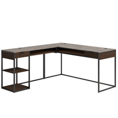 Wood L-Shaped Desk with Five-Shelf Bookcase, Brown