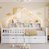 Full Size House Frame Platform Bed with LED Canopy, Storage Drawers & Bookshelf