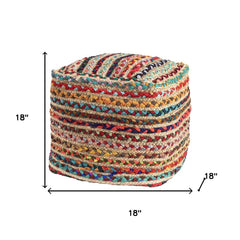 HomeRoots 18" Natural and Rainbow Braided Jute And Polyester Striped Pouf Ottoman
