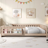 Montessori Toddler Floor Bed Children Daybed Kids Wood Platform Storage Bed with Guardrail and Side Creativity Storage Shelves