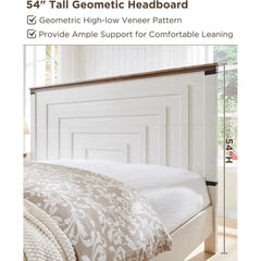 Farmhouse Wood Bed Frame with 54" Tall Headboard, 2 Large Drawers