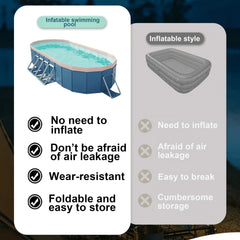 Non-Inflatable Foldable Swimming Pool w/Durable PVC, Deep Blue Oval Folding Swimming Pool for Outdoor, Backyard, Garden, Camping