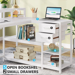 L Shaped Desk with Drawer, Home Office Corner Desk with Storage Shelves and Monitor Stand, Rustic PC Desk for Small Space