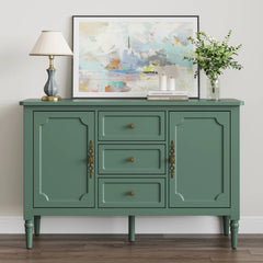Green Storage Cabinet with 2 Doors & 3 Drawers, Buffet Cabinet with Adjustable Shelves and Turned Legs