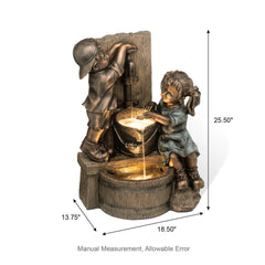 Glitzhome 26"H Polyresin LED Bronze Children Playing with Faucet Outdoor Water Fountain Boy and Girl Statue for Patio Garden