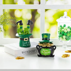 Glitzhome Set of 2 St Patrick's Resin Pot of Gold & Leprechaun Hat Table Decor