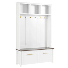 Elegant 4-in-1 Hall Tree with Golden Hooks, Wood Grain Bench, and Ample Storage
