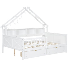 Full Size House Frame Platform Bed with LED Canopy, Storage Drawers & Bookshelf