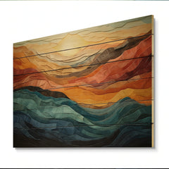 Designart "Coral Teal Bold Mountains Landscape" Modern Print on Natural Pine Wood