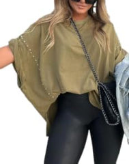 Womens Oversized Tshirts Batwing Short Sleeve Studded Tops Asymmetric Hem Summer Casual Loose Fit Shirts