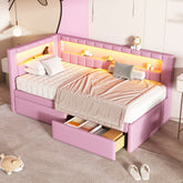 Upholstered Twin Size Platform Bed with USB Ports, LED Belt & 2 Drawers, Pink