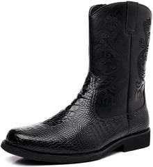 Western Boots Men's - Vintage Crocodile Pattern - Side Zippers - Block Heel Mid Boots Men's Winter Boots - Western Cowboy Boots