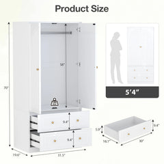 Meyreso 71" White Bedroom Wooden Armoire with Hanging Rod - N/A