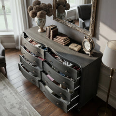 Elegant 8-Drawer Dresser with Solid Wood Legs, Vintage Curved Front Chest of Drawers for Bedroom Storage