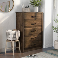 Greer Rustic Walnut and Black Bar 5-Drawer Chest by Furniture of America
