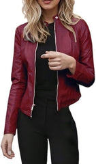 Womens Faux Leather Moto Jacket Slim Fit Biker Coat Long Sleeve Zip Up Short PU Leather Outwear for Fall