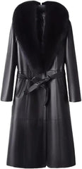 Vsadsau Women Casual Leather Coat Loose Mid-Length Trenchcoat Pu Leather Coat With Wool Collar