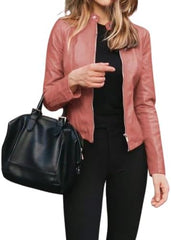 Womens Faux Leather Moto Jacket Slim Fit Biker Coat Long Sleeve Zip Up Short PU Leather Outwear for Fall